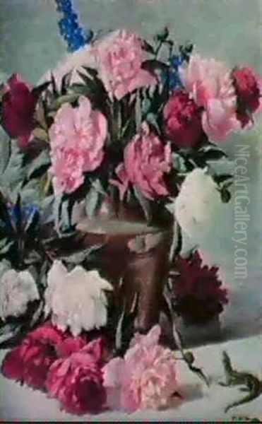 Peonies And Delphiniums In A Vase With A Lizard On A Stone  Ledge. Oil Painting by Thea Wittmann