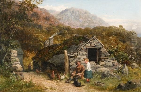 Figures And Chickens Before A Stonecottage Oil Painting by Valentin Walter Bromley