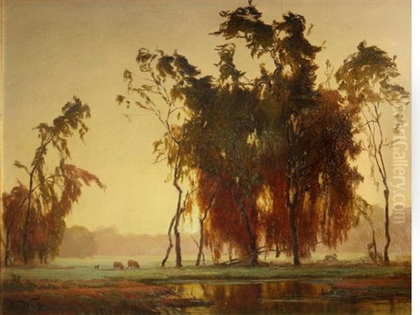 Buffaloes Grazing Under Trees At Sunset Oil Painting by Henry Otto Wix