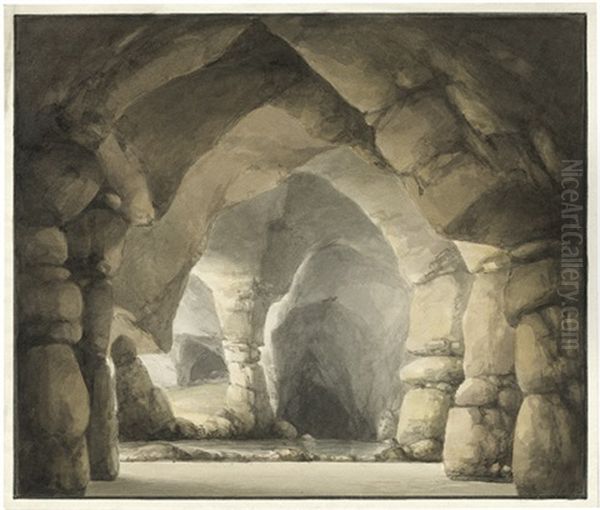 Blick In Eine Felsgrotte (neptunsgrotte In Tivoli?) Oil Painting by Johann Friedrich Wizani