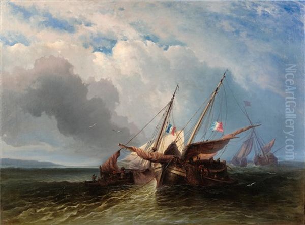 Shipping Off Shore On A Windy Day Oil Painting by G. J. Wizenoerlein