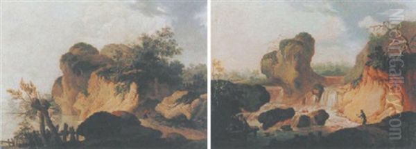 Wasserfall Mit Zwei Fischern Oil Painting by Marquard Fidel Domenikus Wocher