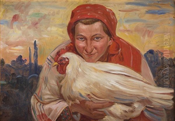 Woman With Hen Oil Painting by Wincenty Wodzinowski