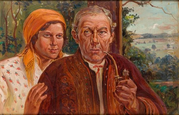 Goral Couple With Landscape Oil Painting by Wincenty Wodzinowski