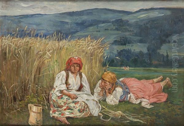 Rest During Harvest Oil Painting by Wincenty Wodzinowski