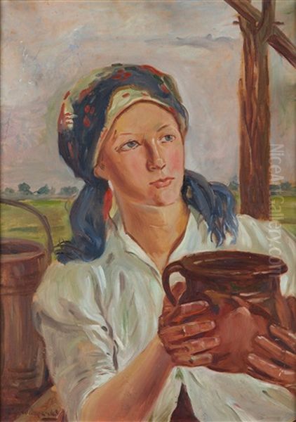 Girl With Jug Oil Painting by Wincenty Wodzinowski