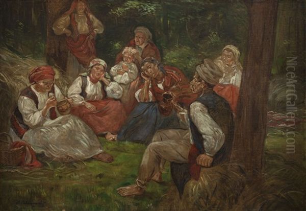 Rest In Forest Oil Painting by Wincenty Wodzinowski