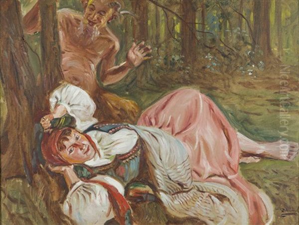 Scene With Satyr Oil Painting by Wincenty Wodzinowski