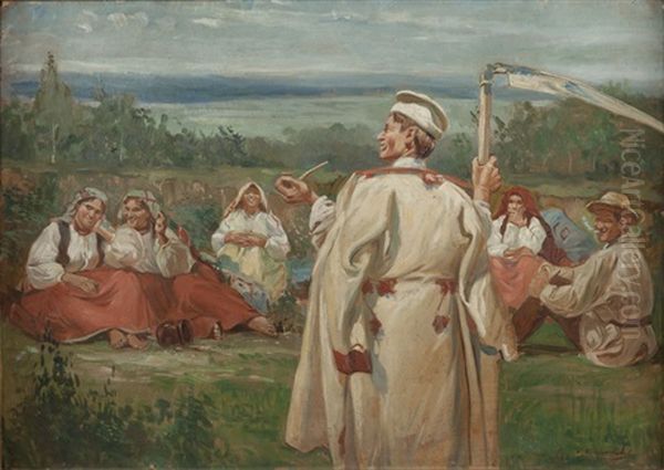 Break During Haymaking Oil Painting by Wincenty Wodzinowski