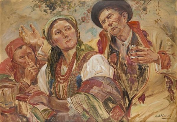 A Couple Oil Painting by Wincenty Wodzinowski