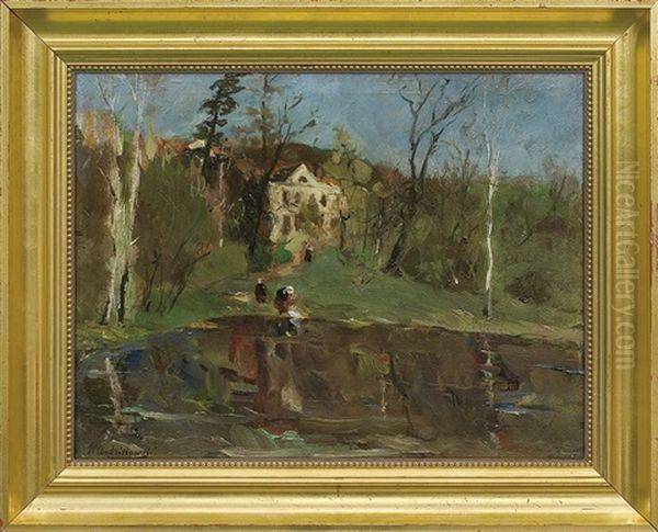 Court Near Lake Oil Painting by Wincenty Wodzinowski