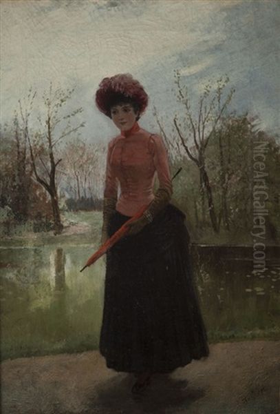 Elegant Lady In A Park Oil Painting by Jozef Wodzinski