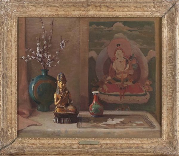 Still Life With Asian Art Oil Painting by Arthur William Woelfle