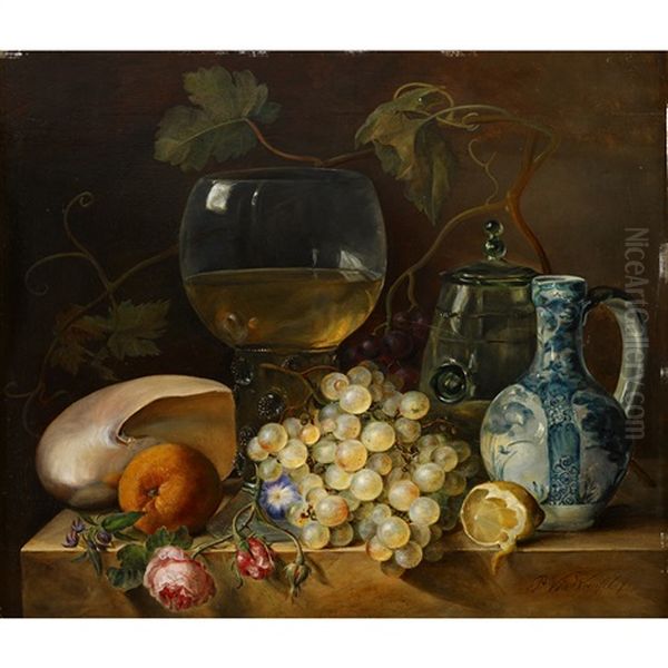 Still Life Of Grapes, A Roemer, And Vine Branch Oil Painting by Petronella Woensel