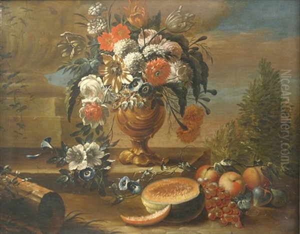 Blumenbouquet In Einer Reliefierten Vase Mit Melone, Trauben, Feigen Und Pfirsichen Auf Einem Steinpodest Vor Landschaftshintergrund Oil Painting by Petronella Woensel