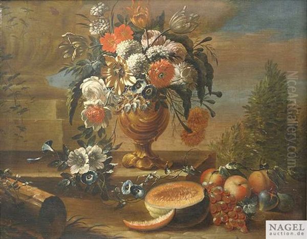 Blumenbouquet In Einer Reliefierten Vase Mit Melone, Trauben, Feigen Und Pfirsichen Auf Einem Steinpodest Vor Landschaftshintergrund Oil Painting by Petronella Woensel