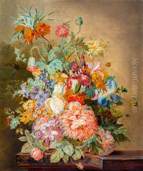 Pronkstilleven Met Blauwe Lis, Keizerskroon, Wilde Roos, Pioenen, Papaver, Primula En Een Libelle Op Een Marmeren Blad Oil Painting by Petronella Woensel