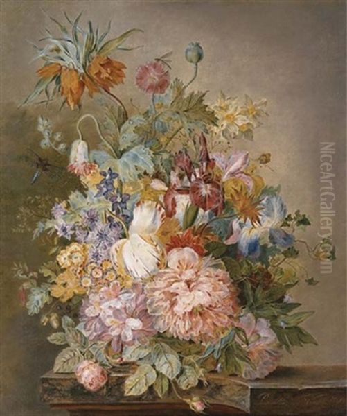 Tulips, Roses, Peonies, Irises And Other Flowers In An Urn On A Stone Ledge Oil Painting by Petronella Woensel