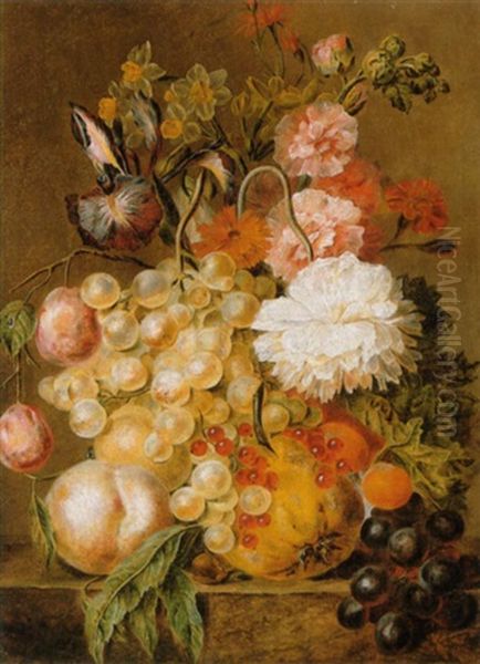 A Still Life Of Flowers And Fruit On A Stone Ledge Oil Painting by Petronella Woensel