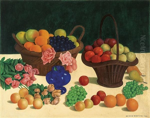 Nature Morte Aux Roses Et Paniers De Fruits Oil Painting by Gustave van de Woestyne