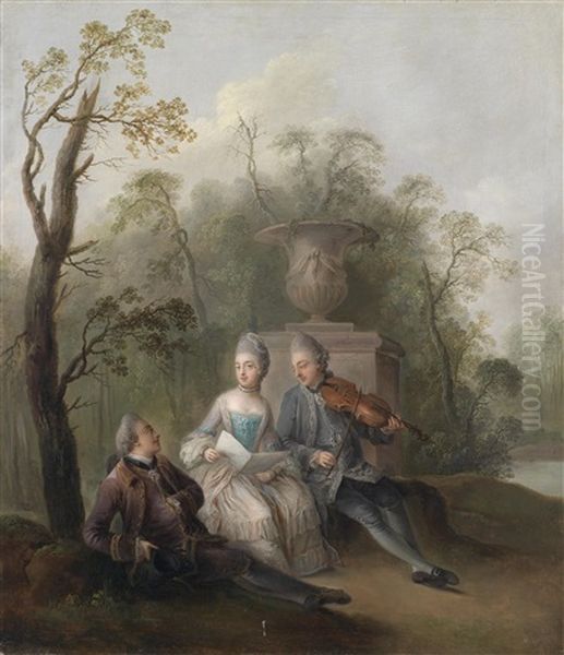 Eine Landliche Szene Mit Portrats Dreier Mitglieder Des Herzoglichen Hauses Mecklenburg-strelitz (prinzessin Christiane Und Ihre Bruder, Die Spateren Herzoge Adolf Friedrich Iv. Und Karl Ii.) Oil Painting by Daniel Woge