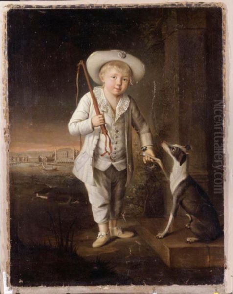 Portrait Of A Boy With A Whippet, An Eastern European City Beyond Oil Painting by Richard Brompton