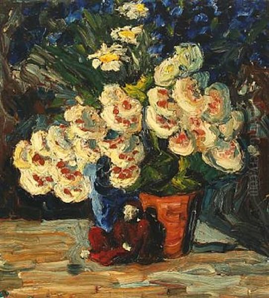 Still Life With Flower Vase And Doll Oil Painting by Nikolaus (Niko) Woehlk