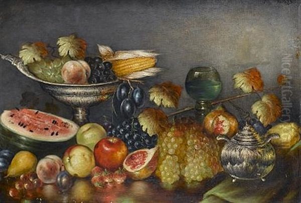 Still Life With Fruit And Silverware Oil Painting by Nicolas Wokos