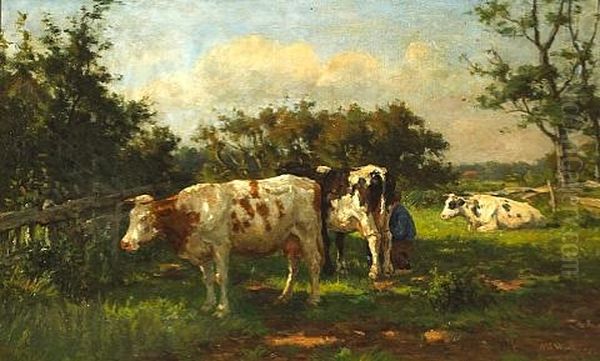 Cows Grazing In A Sun-dappled Meadow Oil Painting by Herman Gerhardus Wolbers