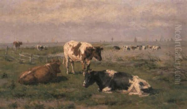 Cattle In A Pasture Oil Painting by Herman Gerhardus Wolbers