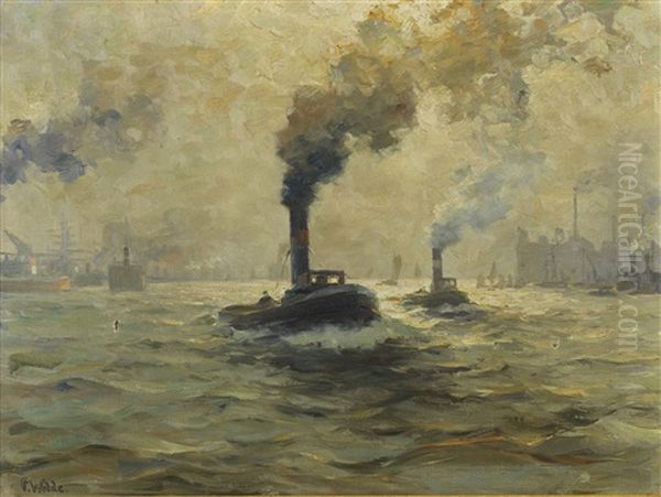 Zwei Dampfschlepper Im Hamburger Hafen Oil Painting by Paul Wolde