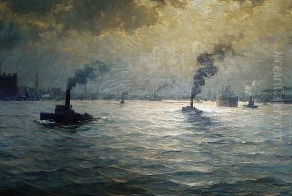 Shipping At Dusk Oil Painting by Paul Wolde