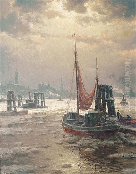 Winterstimmung Im Hamburger Hafen Oil Painting by Paul Wolde