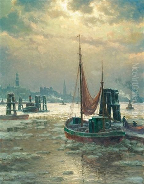 Abendliche Hafenpartie In Hamburg Oil Painting by Paul Wolde