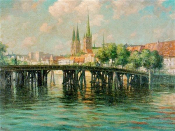 Blick Uber Die Obertrave Auf Die Petrikirche In Lubeck Oil Painting by Paul Wolde