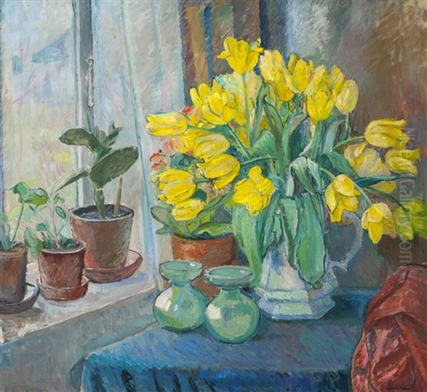 Still Life With Yellow Tulips In A Jug Oil Painting by Oluf Wold-Torne