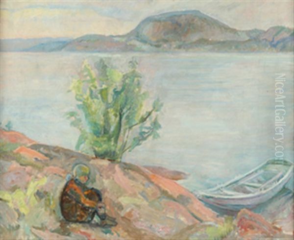 Kystlandskap Med Sittende Pike Og Robat Oil Painting by Oluf Wold-Torne