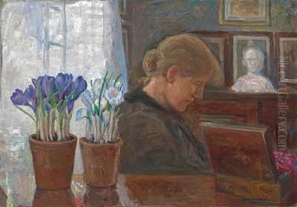 Kris Syr. Crocus Pa Bordet Oil Painting by Oluf Wold-Torne