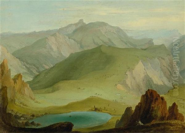 View From Muntiggalm Over Lake Seeberg Towards The Stockhorn Chain And Manniggrat Oil Painting by Caspar Wolf