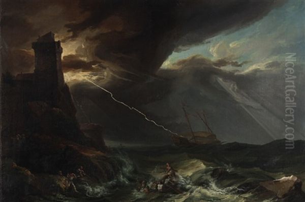 Sturm In Einem Meereshafen; Abziehender Sturm Uber Einer Meereskuste (pair) Oil Painting by Caspar Wolf