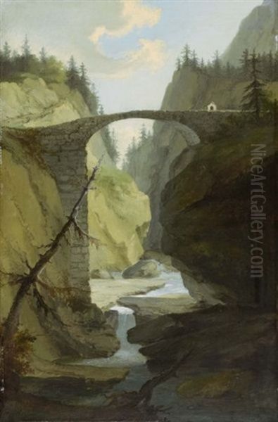 Brucke Uber Die Muota In Der Nahe Von Schwyz (bridge Over The Muota Near Schwyz) Oil Painting by Caspar Wolf