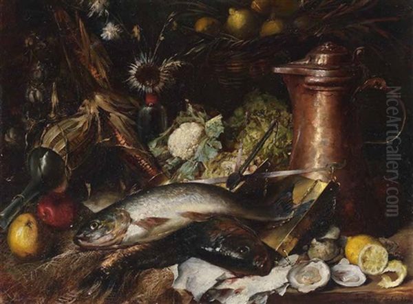 Stillleben Mit Fischen, Krautkopf Und Kupferkanne Oil Painting by Josef Wolf