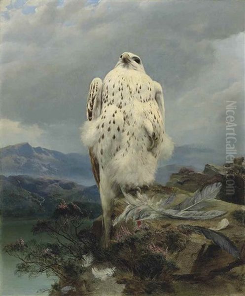 A Gyrfalcon In An Extensive Mountainous Landscape Oil Painting by Joseph Wolf