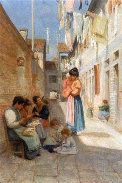 Reed Flower Workers, Street Scene In Venice Oil Painting by Otto Friedrich Wolf