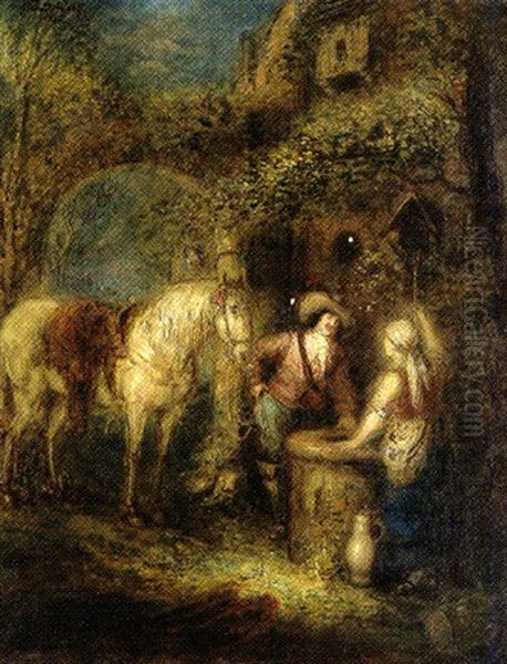 Flirt Am Brunnen Oil Painting by Rudolf Robert Wolf