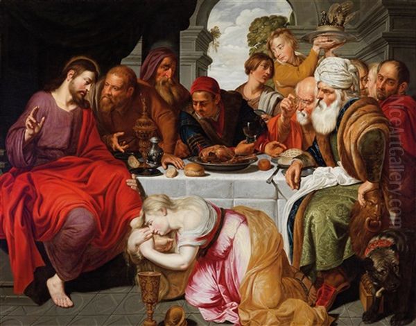 Beim Gastmahl Des Pharisaers Simon Salbt Maria Magdalena Die Fuse Christi Oil Painting by Artus Wolfaerts