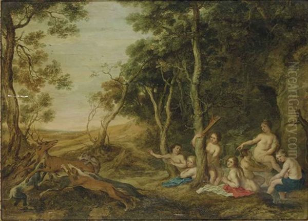 The Death Of Actaeon, With Diana And Her Nymphs In A Wooded Landscape Oil Painting by Artus Wolfaerts