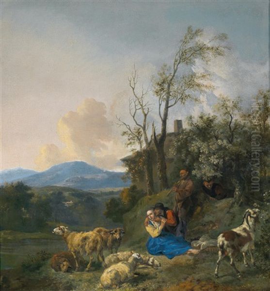 Hirten Mit Ihrer Herde Vor Weiter Landschaft Oil Painting by Jan Baptist Wolfaerts