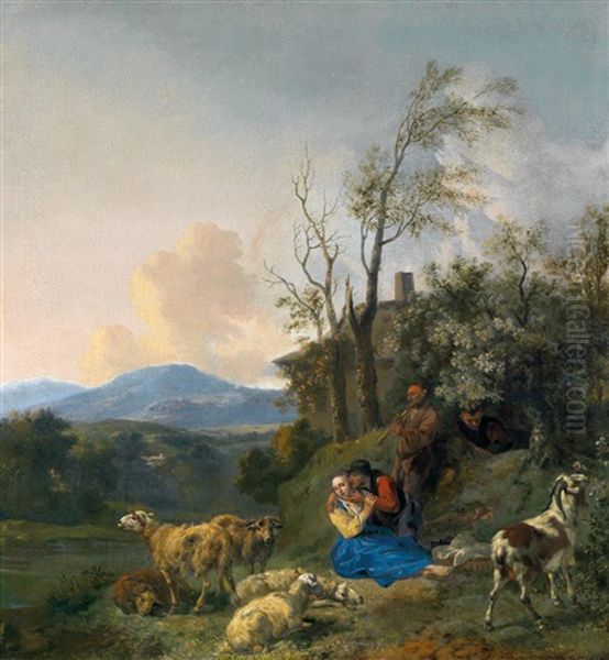 Hirten Mit Ihrer Herde Vor Weiter Landschaft by Jan Baptist Wolfaerts