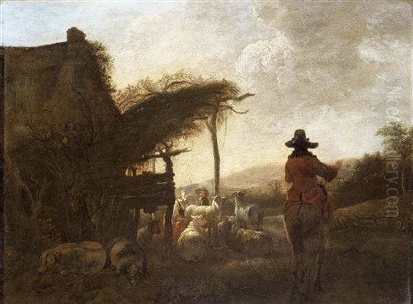 Shepherds Tending To Their Flocks Oil Painting by Jan Baptist Wolfaerts